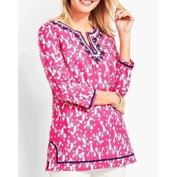 Talbots Tops - Talbots Lobster Tunic Top XL Pink White Navy Blue Preppy Coastal Resort Travel